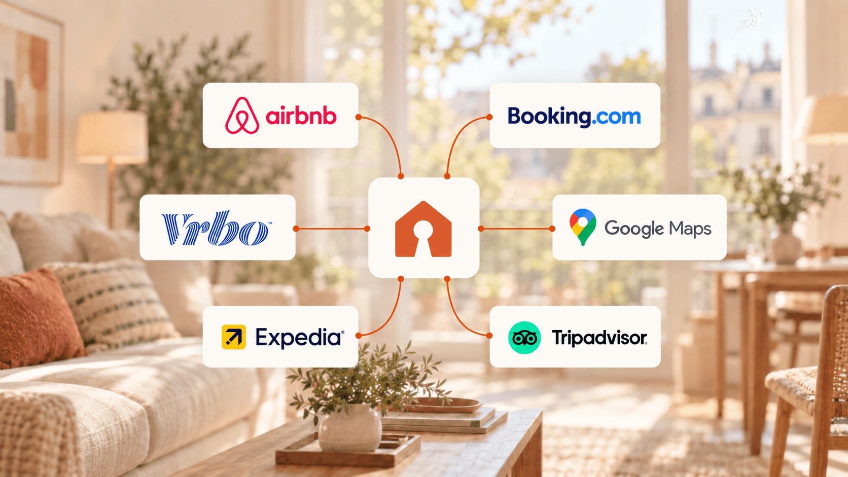 Salón con los logos de Airbnb, Booking.com, Vrbo, Expedia, Google Maps y Tripadvisor conectados a un calendario central.