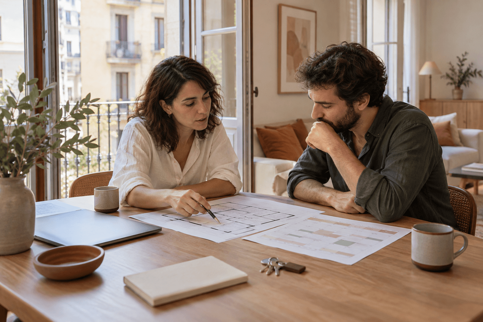 Dos personas revisando un informe sobre una mesa.
