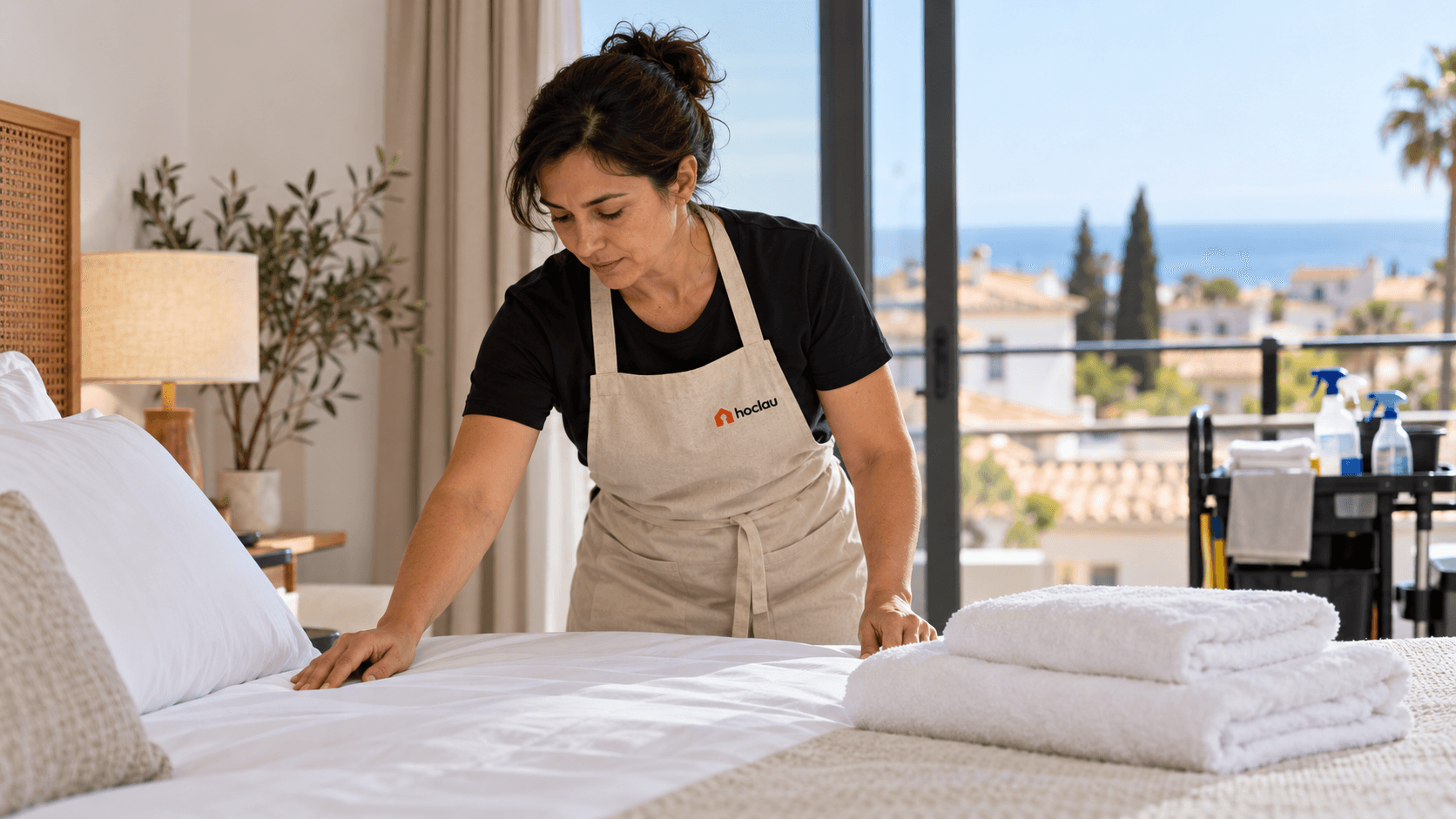 Preparación de una habitación antes de la llegada de huéspedes. Fotografía de referencia, no documenta un cliente de hoclau.