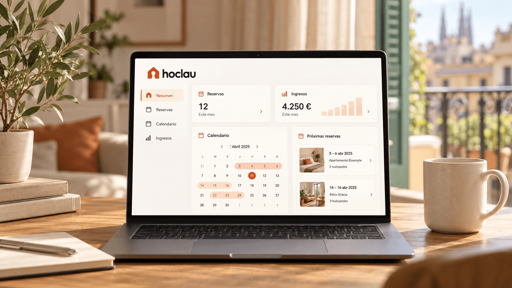 Portátil con un panel de reservas, calendario e ingresos de un alojamiento.