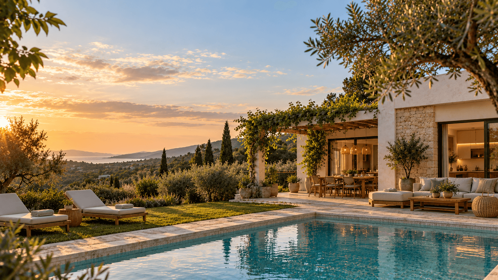 Villa mediterránea con piscina al atardecer.