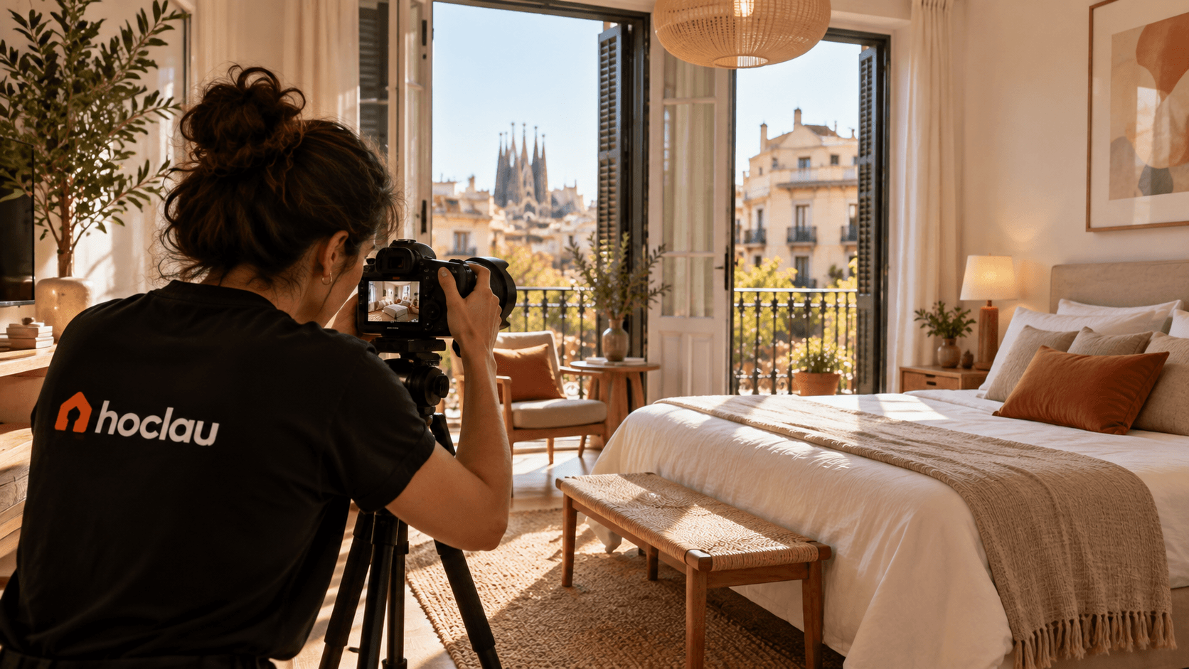 Fotógrafa realizando una sesión de fotos en un dormitorio.
