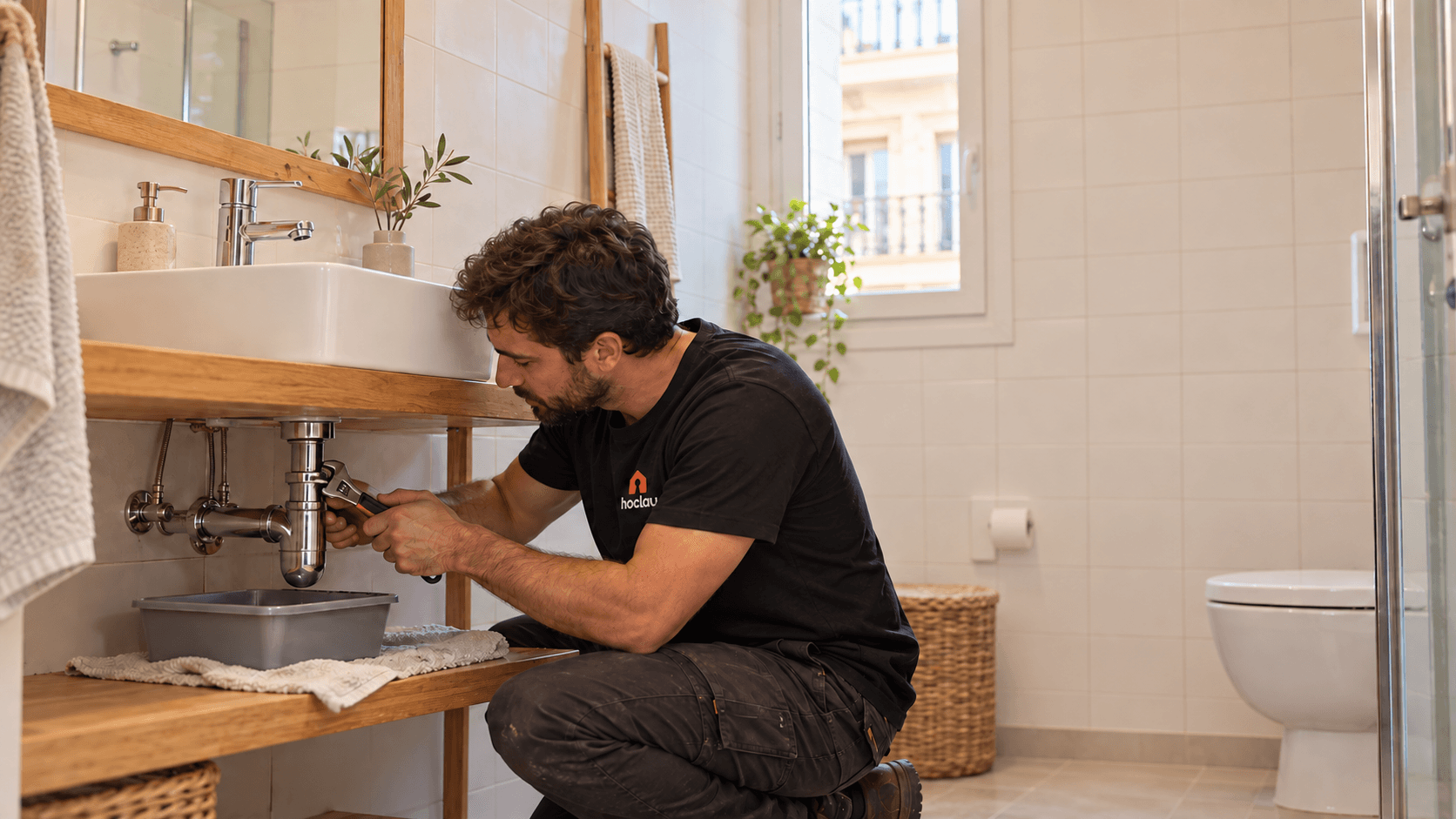 Profesional reparando las tuberías de un lavabo.