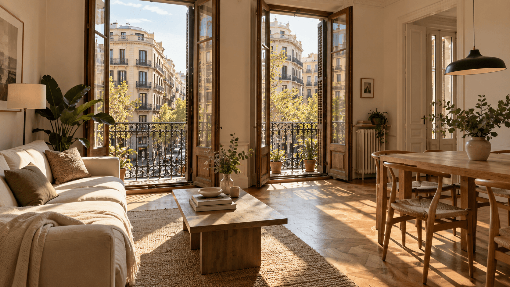 Salón y comedor de un piso en Barcelona, con luz natural y balcón al fondo.